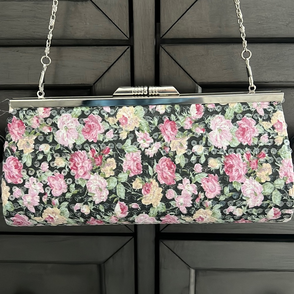 Floral Sequin Clutch Wristlet - Pink & Green Floral With Silver Chain Strap